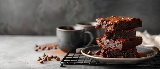 Poster - Close up of homemade stacked brownies on a plate and a cooling rack accompanied by a mug set against a marbled background with copy space High key