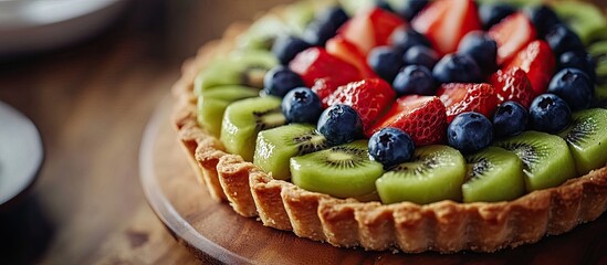 Wall Mural - Fresh fruit tart featuring kiwi blueberries and strawberries with selective focus and a vintage tone. with copy space image. Place for adding text or design