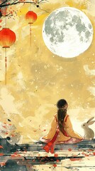 Wall Mural - On Mid-Autumn Festival, a little girl in a hanfu looked at the moon, and a rabbit sat beside her, smiling happily. generative ai