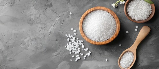 Poster - Mineral bath salt on a grey background top view frame with copy space