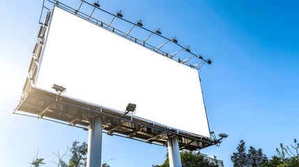 a large blank billboard mokup stands against a clear blue sky, ready for advertising opportunities.