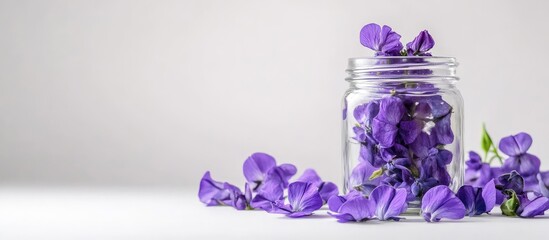 Poster - Butterfly pea featuring stunning purple flowers in a glass jar against a white background with copyspace The blue color from the flowers can be utilized for food coloring and herbal beverages