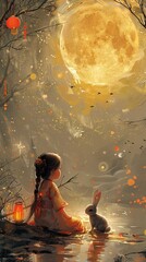 Wall Mural - On Mid-Autumn Festival, a little girl in a hanfu looked at the moon, and a rabbit sat beside her, smiling happily. generative ai