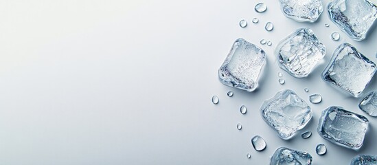 Aufkleber - Melting ice cubes and water droplets on a light grey background flat lay Room for text. with copy space image. Place for adding text or design