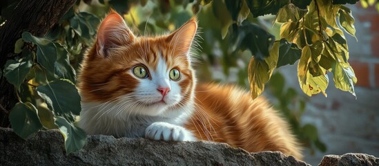 Poster - A close up of a cute red and white cat set against a background of tree branches with green leaves featuring a pretty ginger kitty with green eyes in a summer garden A young fluffy orange kitten can