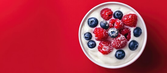 Poster - A bowl of yogurt topped with raspberries blueberries and powder set against a red background. with copy space image. Place for adding text or design