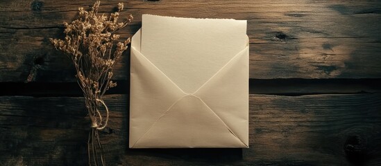 Poster - empty paper next to an envelope and a dried flower on a wooden board. with copy space image. Place for adding text or design