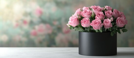 Aufkleber - A bouquet of pink rose flowers sits in a black round box on a pristine table. with copy space image. Place for adding text or design