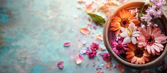 Poster - SPA and aromatherapy kit featuring flowers filtered photo. with copy space image. Place for adding text or design