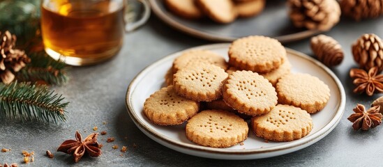 Poster - Homemade shortbread cookies featuring ginger and honey on a plate on the table close up Tasty fragrant gingerbread pastry copy space DIY gingerbread cookies