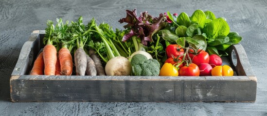Fototapete - Background featuring a variety of green vegetables and an aged wooden tray on a light gray stone tabletop Healthy food theme with copy space