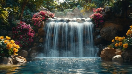 Poster - Tropical Paradise Waterfall with Lush Flowers at Golden Hour