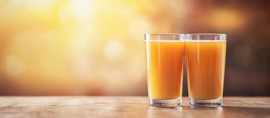 Fototapete - Closeup of glasses filled with delicious apple juice on the table. with copy space image. Place for adding text or design