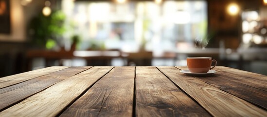 Aufkleber - Selected focus on an empty brown wooden table with a blurred background of a coffee shop or restaurant featuring bokeh effects suitable for your photomontage or product display. with copy space image