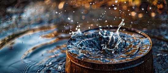 Poster - Blue and brown water spouting from a barrel. with copy space image. Place for adding text or design