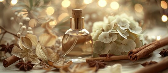 Aufkleber - glass perfume bottle with a skein of flagellum a hydrangea branch cinnamon sticks and anise stars against a beige background. with copy space image. Place for adding text or design