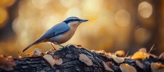 Poster - Eurasian Nuthatch Sitta europaea in autumn perched on a tree trunk. with copy space image. Place for adding text or design