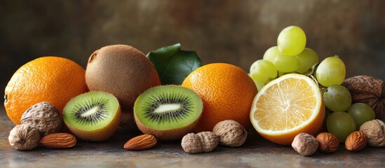 Aufkleber - A variety of fresh fruits and nuts on a wooden table close up Tangerine kiwi grape apple sweetie lemon feijoa selective focus. with copy space image. Place for adding text or design