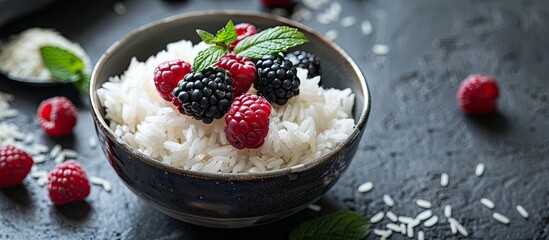 Poster - Rice berry in a white bowl with copyspace on a black background