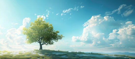 Poster - Single tree under a blue sky in a sunny panoramic landscape background with copy space