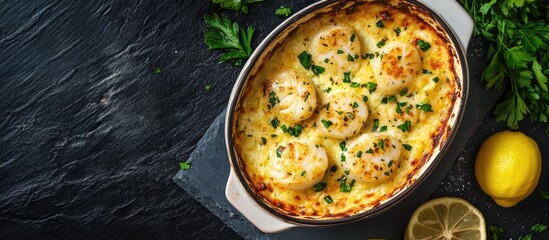 Aufkleber - Scallops au gratin baked in the oven with parsley and lemon. with copy space image. Place for adding text or design