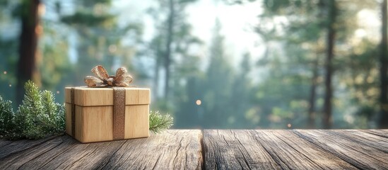 Poster - Gift box on wood with a forest backdrop. with copy space image. Place for adding text or design