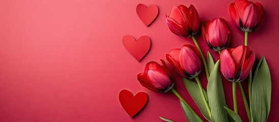 Wall Mural - Red tulip flowers with paper hearts on a pink background Concepts for Valentine s Day Women s Day and Mother s Day. with copy space image. Place for adding text or design