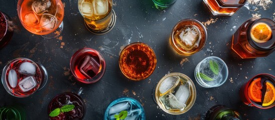 Aufkleber - A variety of liqueurs in glasses on a dark textured table viewed from above Room for text. with copy space image. Place for adding text or design