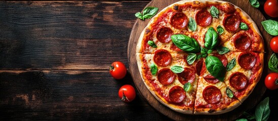 Poster - Delicious fresh pepperoni pizza with ingredients like tomatoes and basil on a wooden surface Top view of the pepperoni pizza Flat lay Includes copy space for text Banner