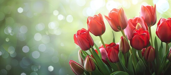 Poster - Easter Spring Flowers bunch Stunning bouquet of red tulips A graceful Mother s Day gift set against a softly blurred green nature background Springtime Copy space