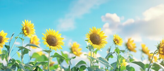 Poster - Sunflowers blossoming on trees with a blue sky backdrop and copy space