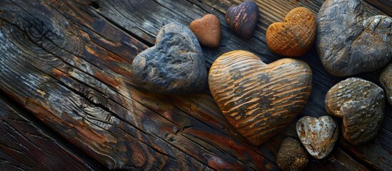 Aufkleber - heart shaped rocks on a wooden background. with copy space image. Place for adding text or design