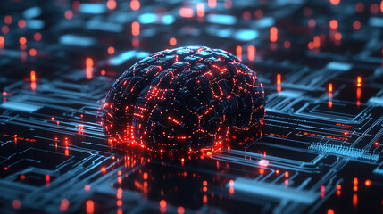 Canvas Print - Futuristic 3D visualization of AI brain, glowing circuits and neural connections, high-tech environment surrounded by digital data streams, advanced artificial intelligence technology.