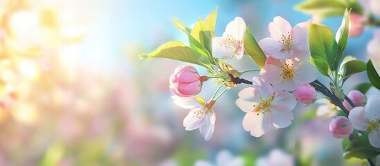 Aufkleber - Cherry tree blossoms in spring at the park Lovely flowers Selective focus with a blurred background Bright sunny day Apple branches Clear blue sky. with copy space image