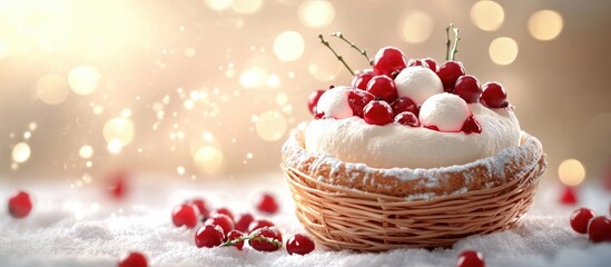 Aufkleber - Delicate French pastry Winter berry marshmallow Cranberry Confections in the basket Christmas goodies. with copy space image. Place for adding text or design
