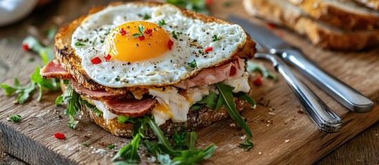 Poster - Homemade sandwiches filled with ham cheese crab sticks and vegetables topped with cheese and a fried egg on bread presented with a knife and fork on a wooden surface The idea of healthy delicious foo