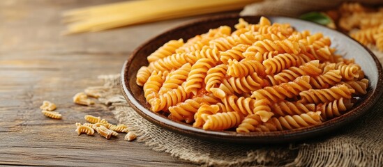 Fototapete - Plate of Delicious Whole Wheat Fusilli Pasta in Tomato Sauce with Dried Pasta Spread Around. with copy space image. Place for adding text or design