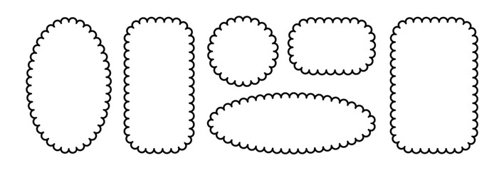 Aufkleber - Circle and square scalloped frames. Scalloped edge rectangle and ellipse shapes. Simple label and sticker form. Flower silhouette lace frame. Vector illustration isolated on white background.