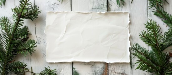 Poster - A white sheet of paper singed at the edges with green branches of a Christmas tree set against a backdrop of aged wooden boards Top view featuring copy space for your text
