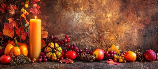 Fototapete - Fresh vegetables a candle and a picture frame featuring autumn maple leaves. with copy space image. Place for adding text or design