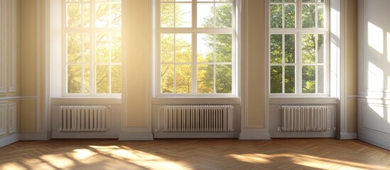 Aufkleber - Vacant room with windows and a radiator in natural light. with copy space image. Place for adding text or design