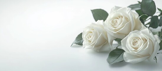 Fototapete - White Rose A bunch of delicate roses against a white backdrop Space for text A romantic setting for spring celebrations. with copy space image. Place for adding text or design