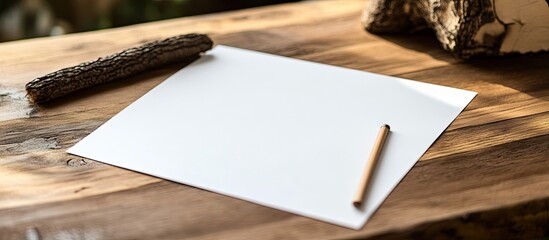Poster - white paper on a wooden table with written text. with copy space image. Place for adding text or design