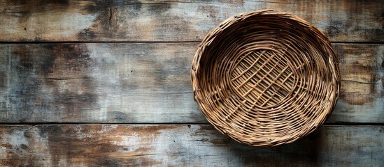 Leinwandbilder - An empty wicker basket tray featuring a circular pattern on a weathered wood background with copy space