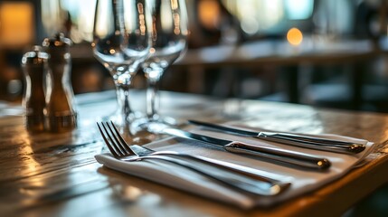 A beautifully arranged dining table set with elegant cutlery and glassware, creating a warm and inviting atmosphere for a meal. 