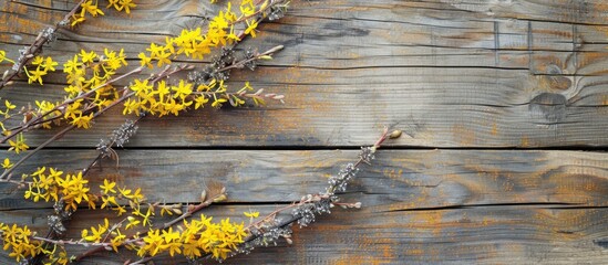 Poster - Yellow forsythia against a rustic wooden background. with copy space image. Place for adding text or design