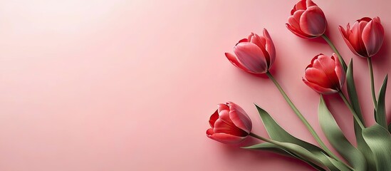 Fototapete - Lovely red tulips rest on a soft pink background. with copy space image. Place for adding text or design