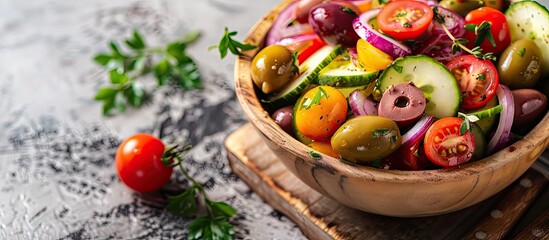 Poster - Mediterranean style salad featuring kalamata and green olives cherry tomatoes cucumber red onion and dressing Homemade dish Idea for a delicious and healthy appetizer Top view Copy space
