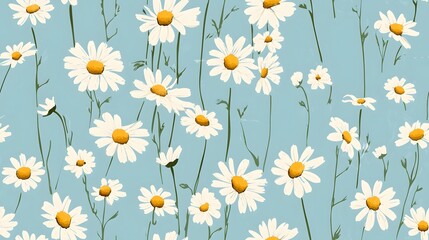 Wall Mural - A vibrant seamless pattern of blooming daisies against a soft blue background, perfect for spring-themed designs and floral aesthetics. 