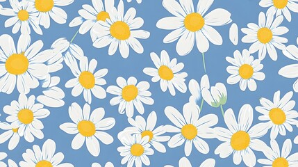 Wall Mural - A vibrant floral pattern featuring white daisies with yellow centers against a soft blue background, perfect for cheerful and fresh design projects. 